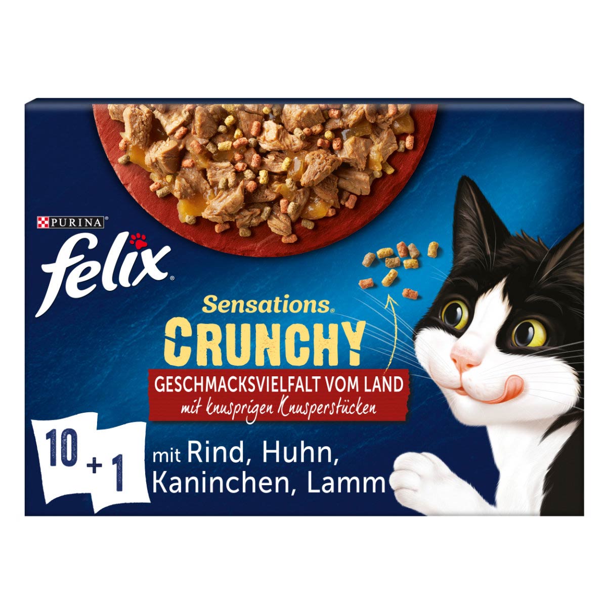 FELIX Sensations Crunchy v želé s křupavými kousky výběr z venkova, 10 × 85 g + křupavé kousky, 1 × 40 g