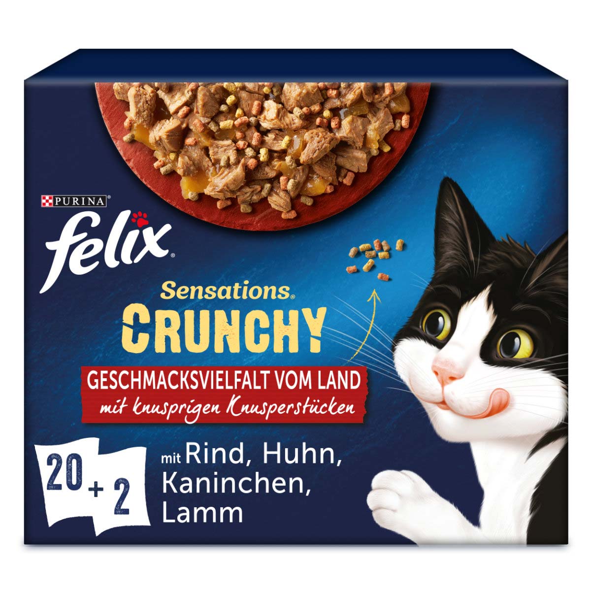 FELIX Sensations Crunchy v želé s křupavými kousky výběr z venkova, 20 × 84 g + křupavé kousky, 2 × 40 g