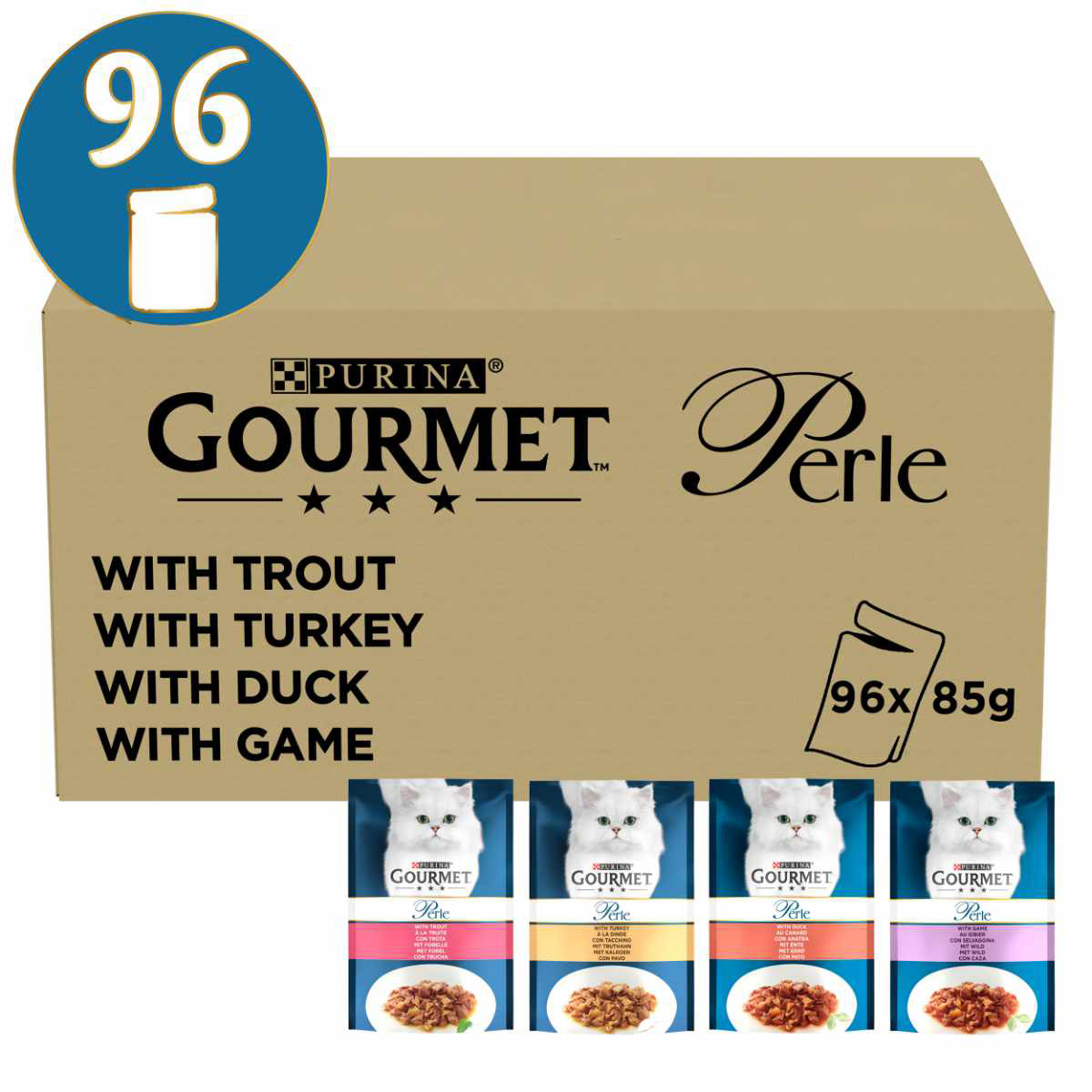 GOURMET Perle vybrané proužky mix s pstruhem, krocanem, kachnou a zvěřinou, 96 × 85 g
