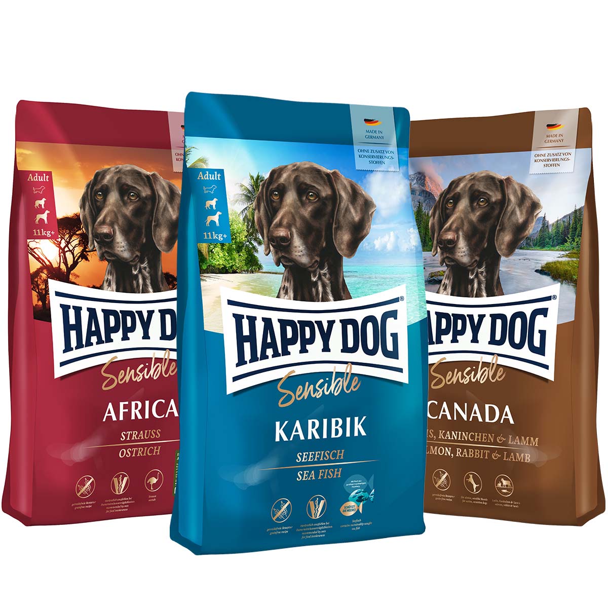 Happy Dog kombinované balení, bez obilovin 3 × 4 kg
