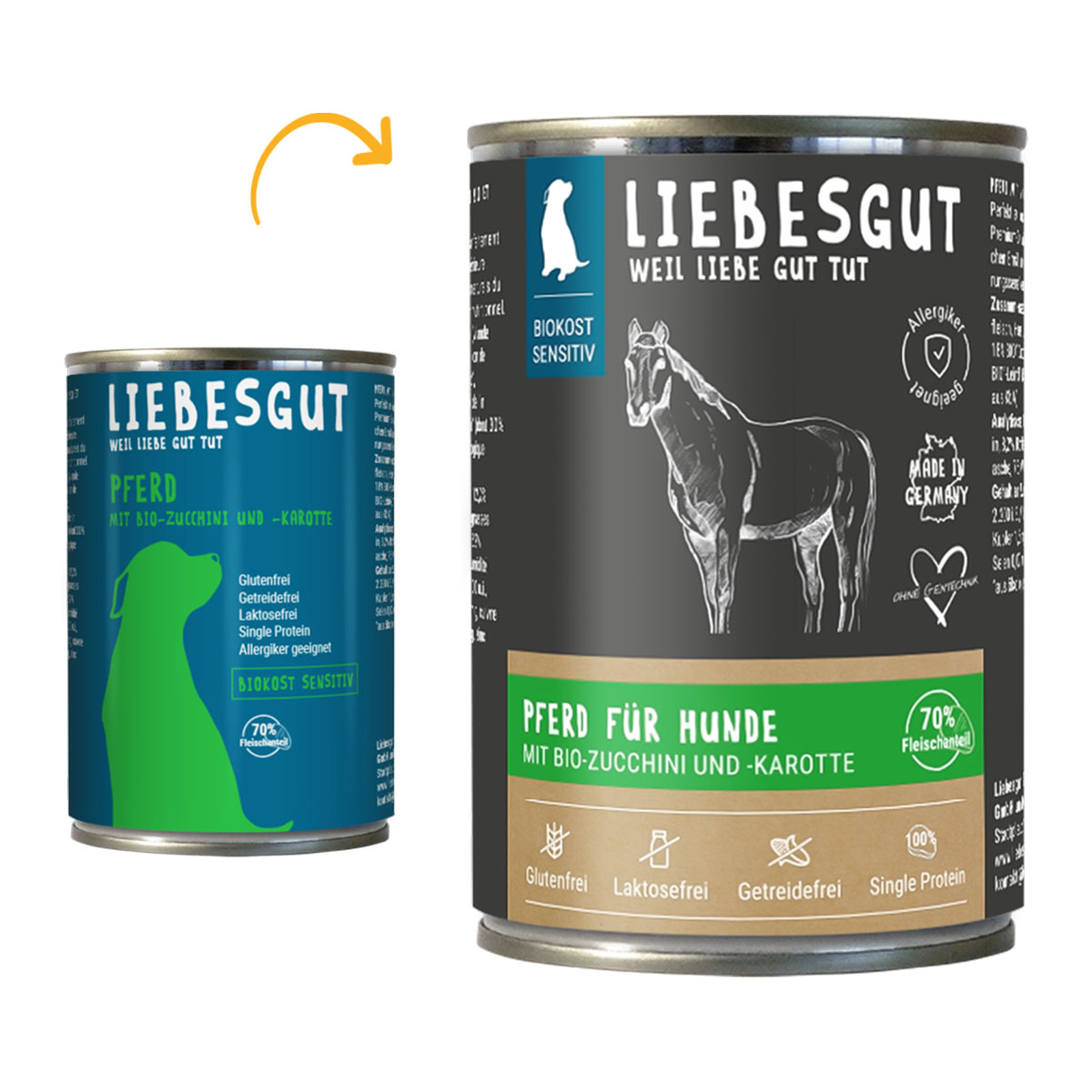 Liebesgut Biokost Sensitiv Hund s koňským masem, bio cuketami a bio bramborami