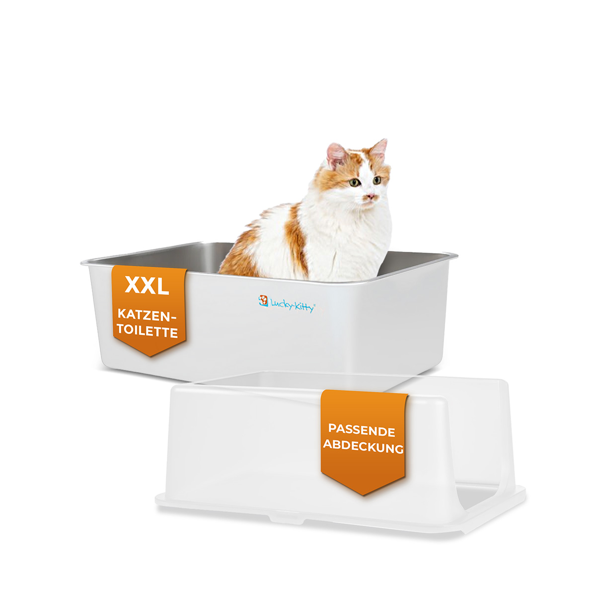 Lucky Kitty XXL kočičí toaleta s kapucí – nerezová ocel, bílá