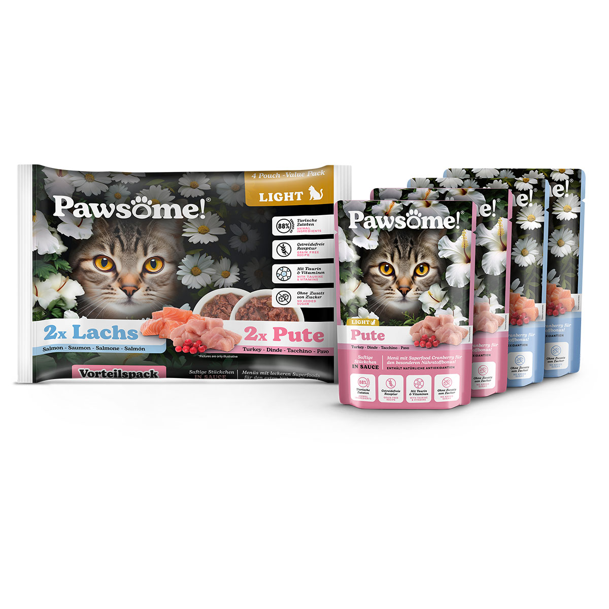 Pawsome Adult Light, krůtí a losos, Flowpack balení, 4 × 85 g