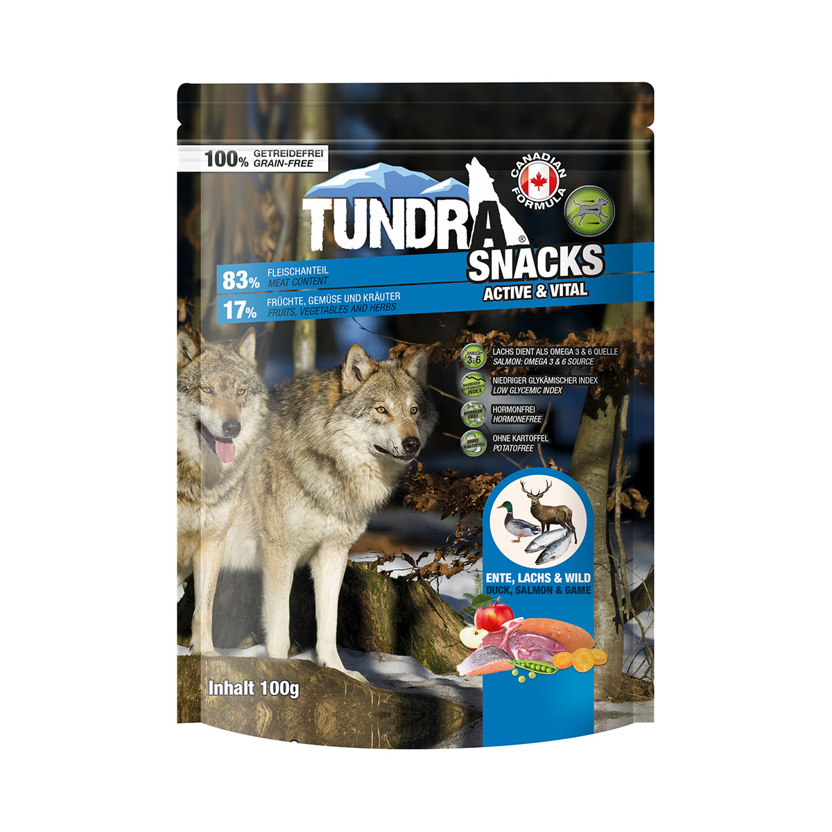 Tundra Dog Snack Active & Vital, Kachna, losos a zvěřina