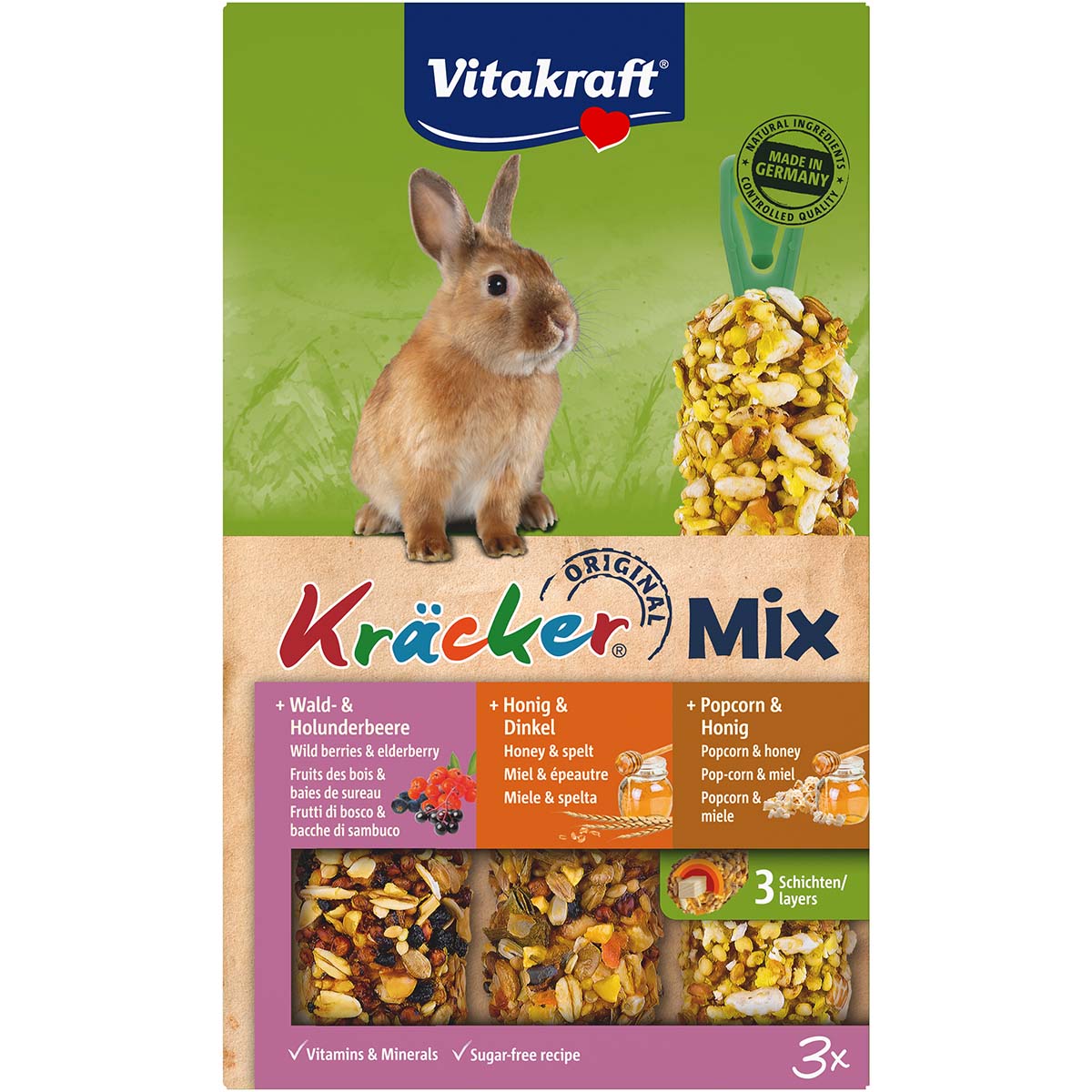 Vitakraft Kräcker Trio lesní plody, med a popcorn, 3 kusy