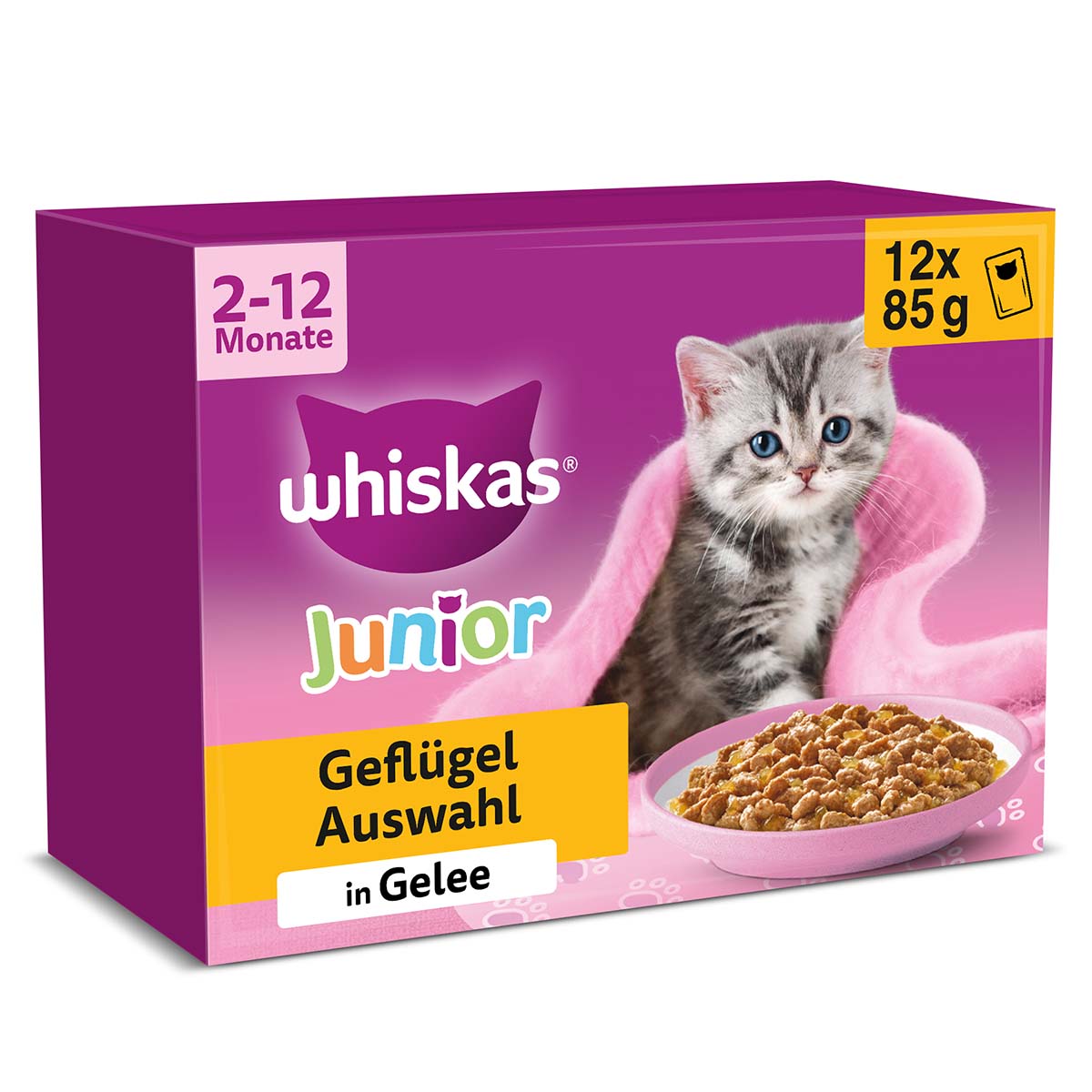 Whiskas Junior kombinované balení, výběr drůbežího masa v&nbsp;želé, 12&nbsp;×&nbsp;85&nbsp;g