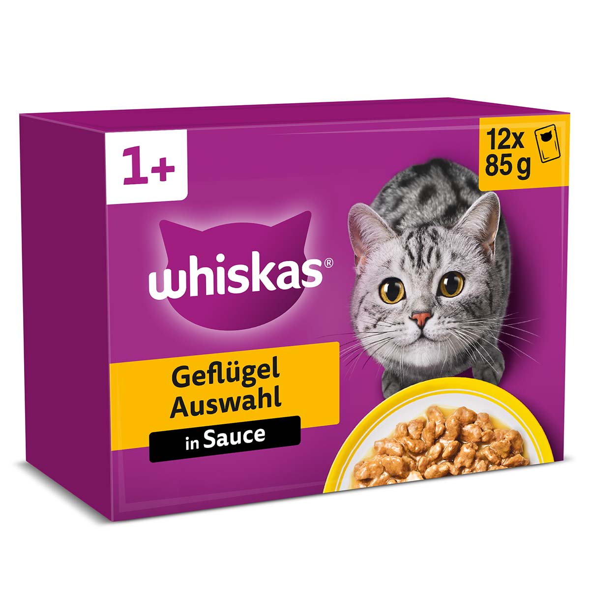 Whiskas multipack 1+ výběr drůbežího masa v&nbsp;omáčce, 12&nbsp;×&nbsp;85&nbsp;g