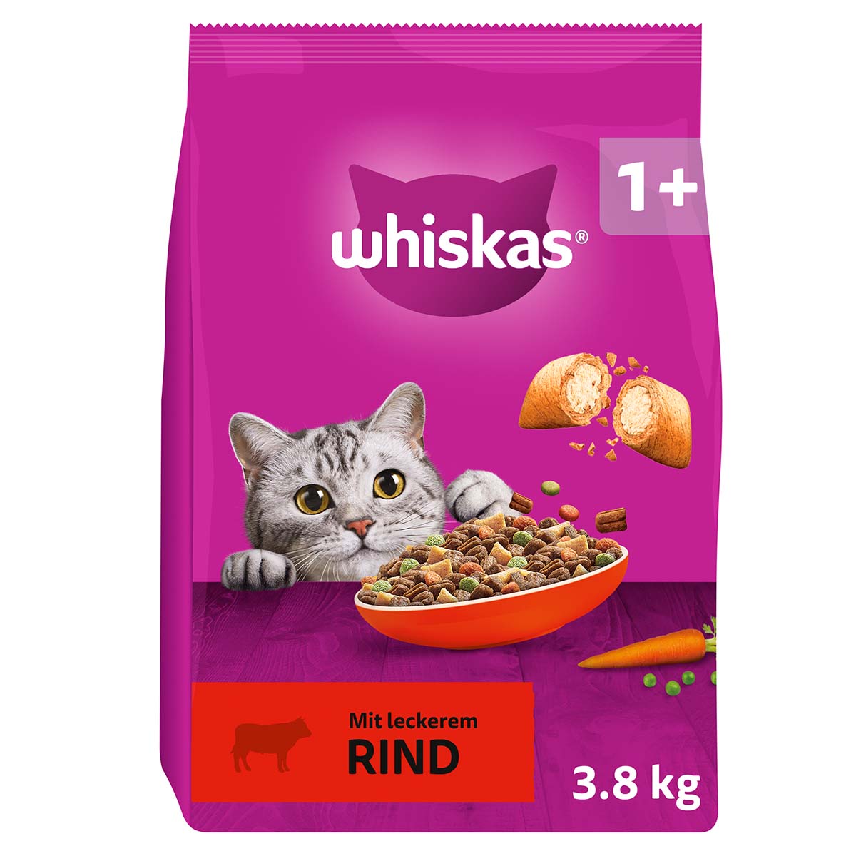 Whiskas trocken Adult 1+ s&nbsp;hovězím masem, 3,8&nbsp;kg