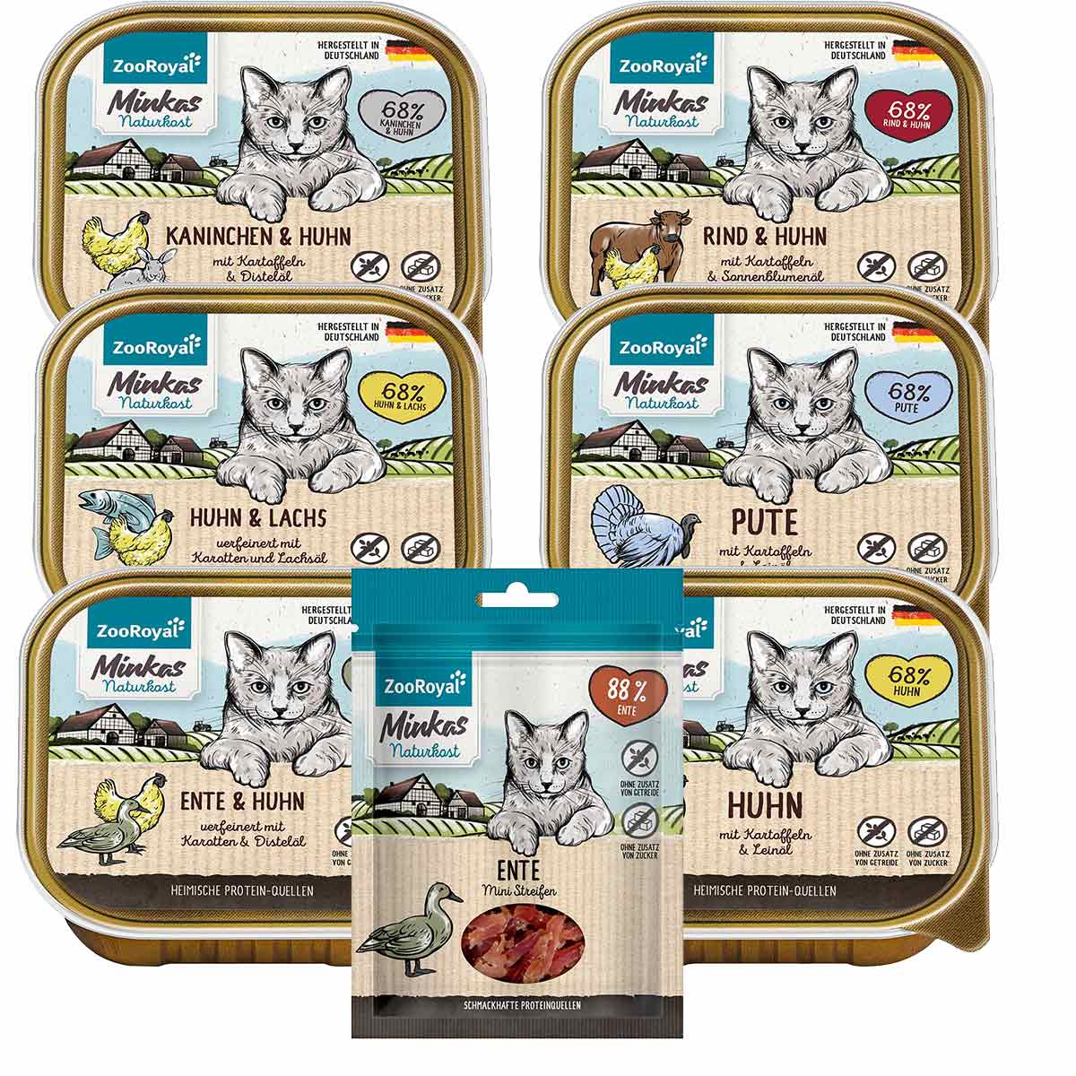 ZooRoyal Minkas Naturkost mixpaket 6x100 g + gratis kachní proužky 50 g